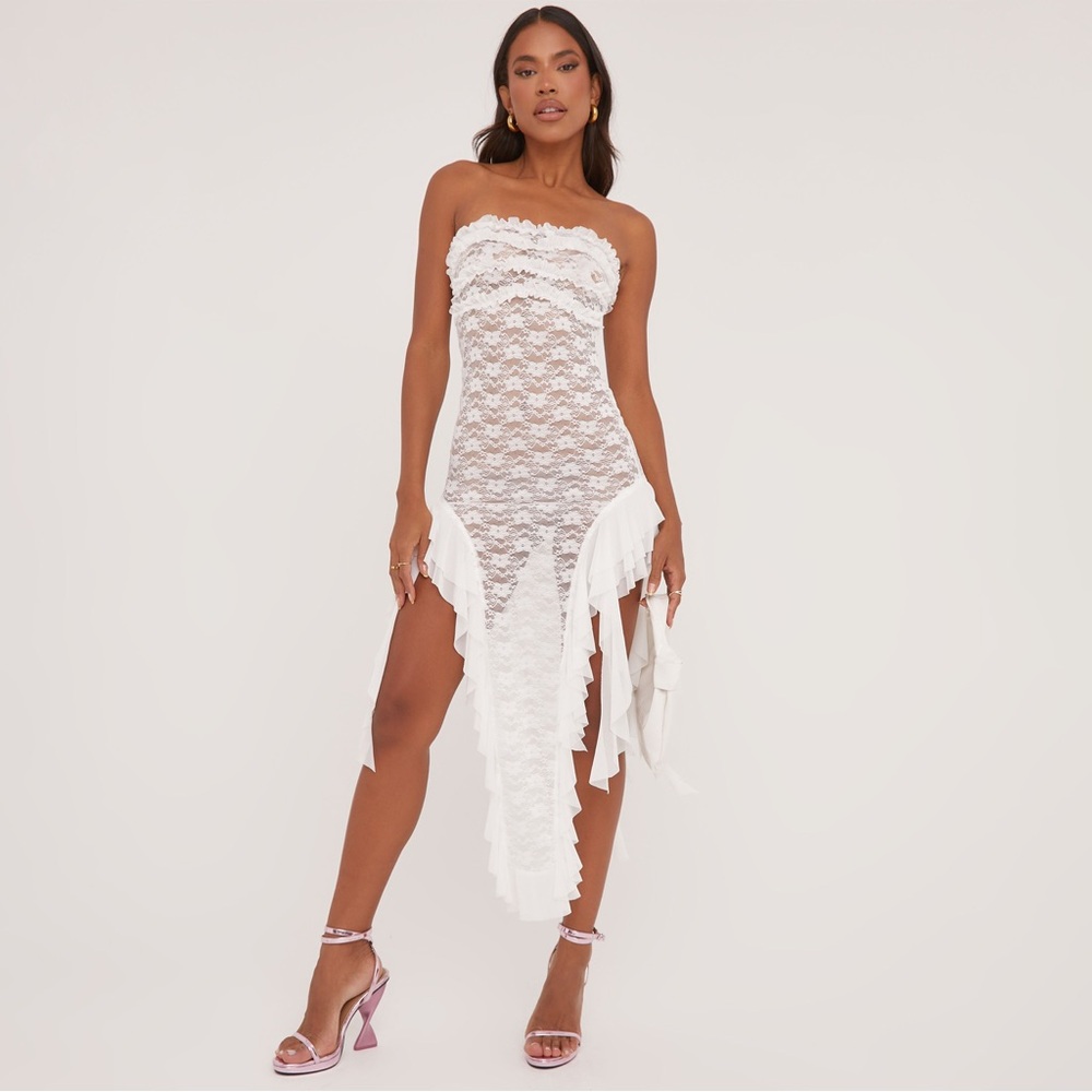 EGO BANDEAU FRILL HEM DETAIL MAXI DRESS IN WHITE LACE